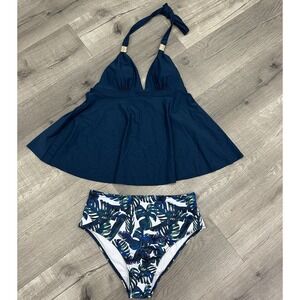 Women's Deep Blue/Green Two Piece Halter Swimsuit Palm Leaves Bottom NWOT